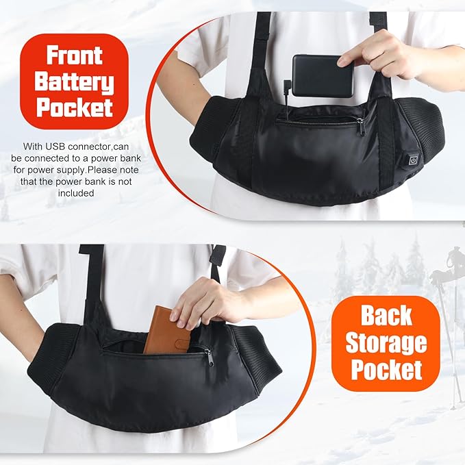 Heated Hand Warmers Pouch 10000mAh Electric Heated Hand Muff with 3-Level Heat Setting, Rechargeable Power Bank, Adjustable Strap, 2 Pocket for Football, Golf, Hunting, Camping(Includes Power Bank)