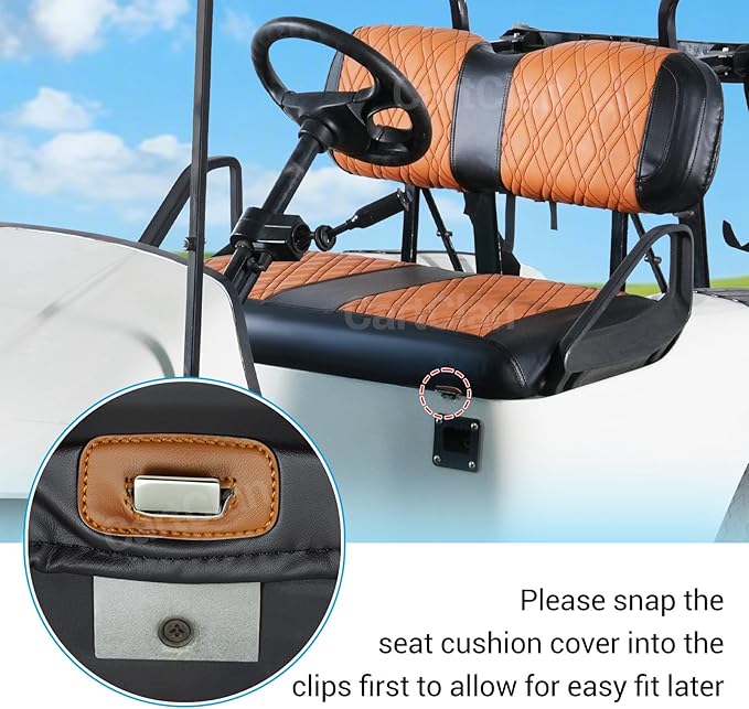 Golf Cart Seat Covers Suitable for EZGO TXT Standard Front Seat Cushion, Golf Cart Front Seat Covers Kit No Drilling & Waterproof (Brown PVC Leather & Black Stitching)