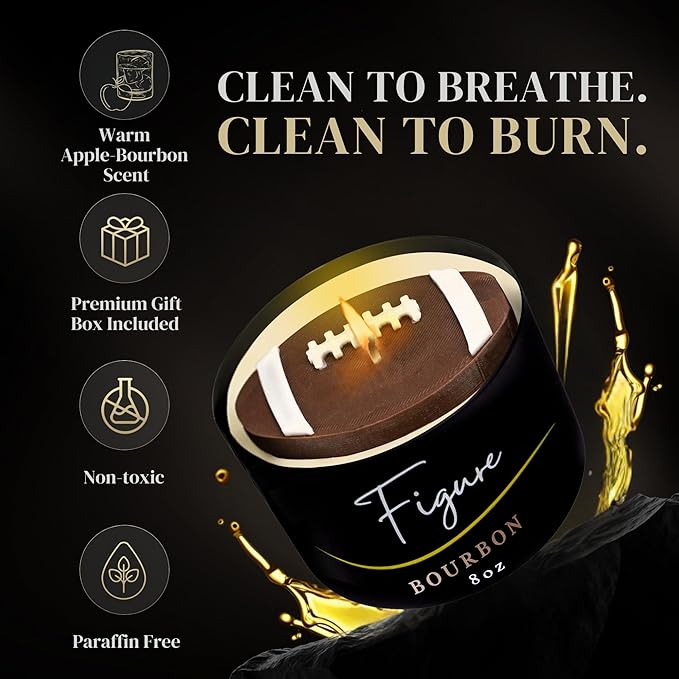 All-Natural Football Candle – Apple Bourbon Scent | Hand-Poured in The USA | Beeswax & Soy Wax | Essential Oils | 100% Beeswax Wick | Premium Gift Box | Candle Gifts for Men & Women