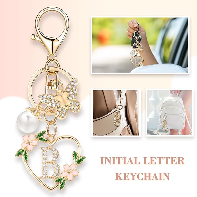 Gold Heart Initial Letter Keychain for Women Key chain Keyring for Purse Handbags Backpack Charm