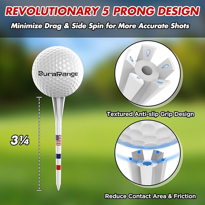 Premium Golf Tees - 5-Prong & 4-Prong Anti-Slip, Enhanced Stability, Unbreakable Golf T 3-1/4" for 360cc Drivers, Ideal Gift for Golfer