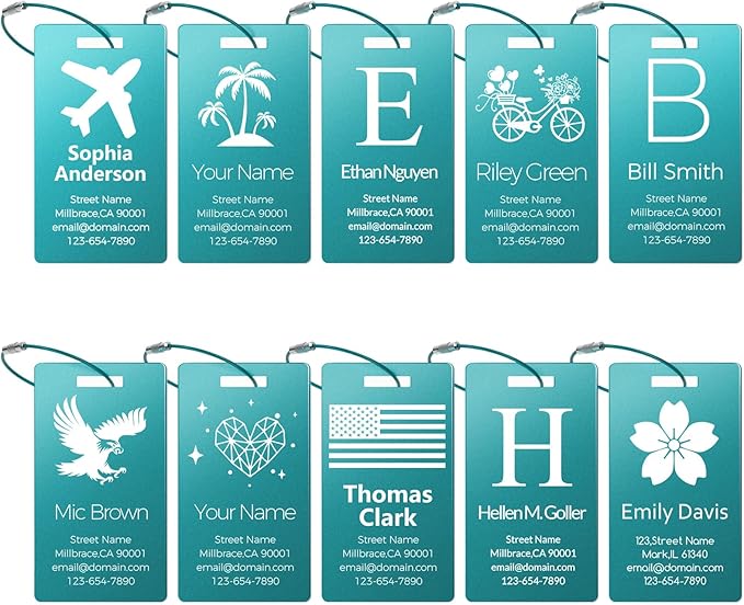 Personalized Metal Luggage Tags, Custom Suitcase Aluminum Name Tags with 5.9in Steel Ring, Laser Engraved Text and Logo, for Travel Gift, Baggage, Golf Bag (Lake Blue)