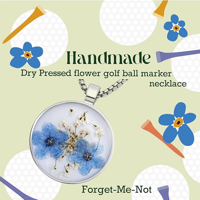 Golf Ball Marker necklace with ball marker, handmade pressed flower golf marker,Gifts Accessories Women Golfers
