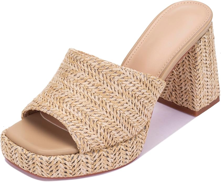 Monrovia Womens Sandals Heels for Women Slide On Block Chunky Platform High Heels Open Toe Raffia Wedge Sandals