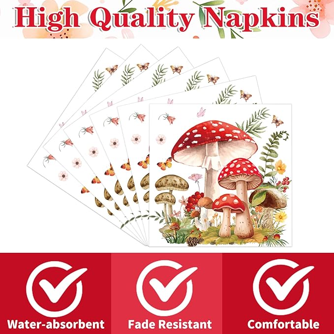 Mushroom Party Napkins Decorations, 50PCS Forest Mushroom Theme Decor, Fairy Tale Party Disposable Paper Napkins Set Supplies Size 6.5 Inch