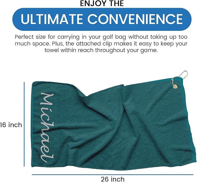 Personalized Passion Golf Towel with Embroidered Name - 16"x26" Custom Golf Towels with Clip - Soft & Highly Absorbent Plush Velour - Easily Wipes Away Sweat and Dirt - Gift for Golfers - Aqua