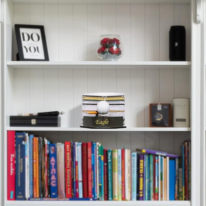 Golf Ball Display Case for Eagle Golfer. Black Ball Throne with Golden Stamp. 2X Background Frames on Each Side of Cambered Cover. Pencil Holder, Adhesive Dots are All Included, No Assembly
