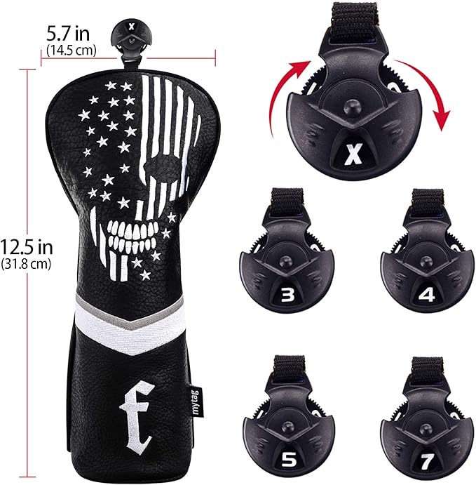 mytag Skull Skeleton Golf Head Covers Black Synthetic Leather Golf Headcovers Set Fits Driver Fairway Wood Hybrid/Utility Putter Iron Wedge Headcover