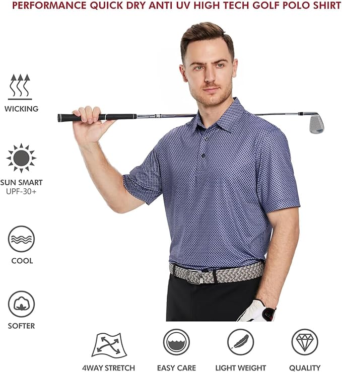 Golf Shirts for Men Dry Fit Short Sleeve Print Performance Moisture Wicking Polo Shirt