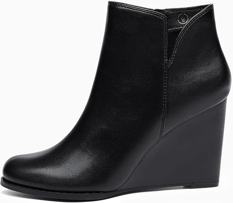 LAICIGO Womens V Cut Wedge Ankle Booties Zip-up Closed Toe Stacked Heel Faux Suede Winter Boots
