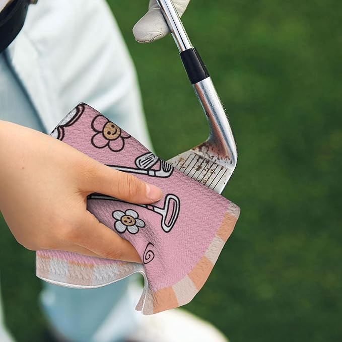 Pink Golf Towel with Carabiner Clip 24"x16" Funny Girls Golf Towels for Golf Bags Microfiber Waffle Cute Fun Checkered Golfs Rag for Disc Balls Clubs Golfs Accessories for Women Ladies Mom