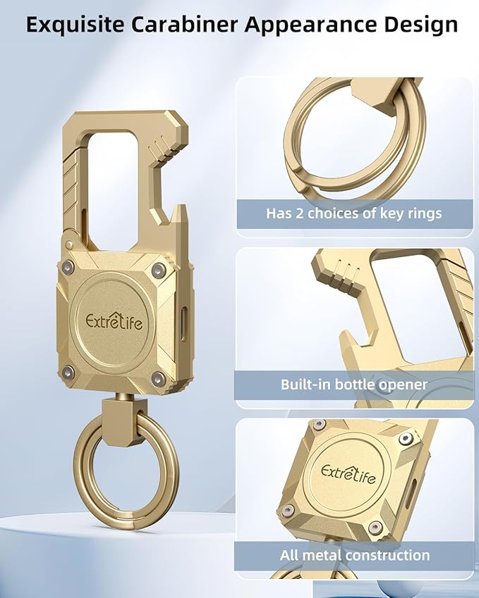 Keychain, Works with Apple Find My, Heavy Duty Keychain Bottle Opener, Carabiner Car Key Chains with GPS Tracker, Key Finder, Bluetooth Tracker for Luggage, Kids, Bags and More, Rechargeable, Gold