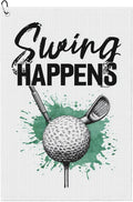 Swing Happens Printed Funny Golf Towel with Carabiner Clip 24"x16" Cute White Golf Towels for Golf Bags Microfiber Waffle Golfs Rag for Disc Balls Clubs Golfs Accessories for Men Women Dad Husband