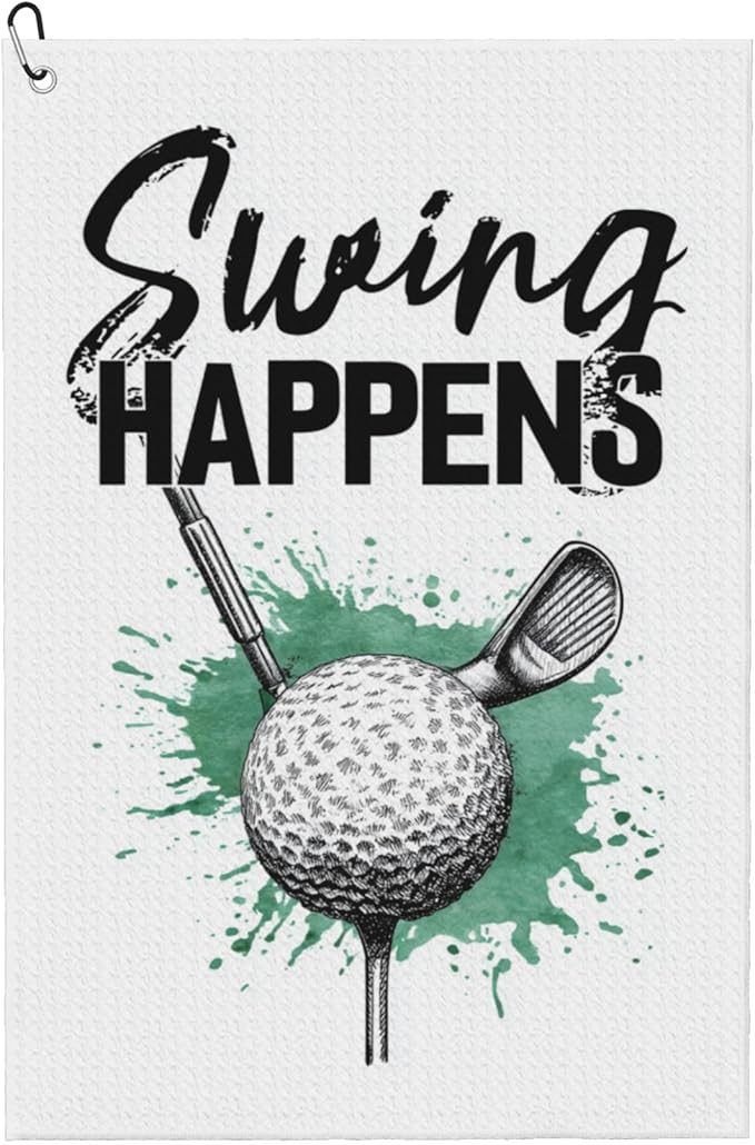 Swing Happens Printed Funny Golf Towel with Carabiner Clip 24"x16" Cute White Golf Towels for Golf Bags Microfiber Waffle Golfs Rag for Disc Balls Clubs Golfs Accessories for Men Women Dad Husband