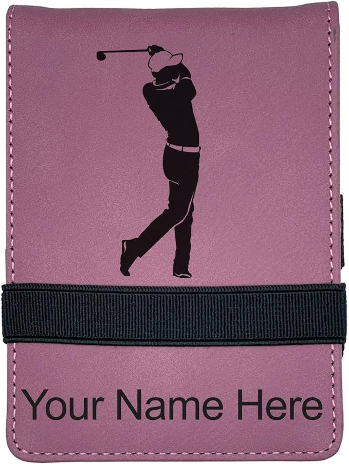 LaserGram Mini Padfolio with Notepad and Pen, Golfer Golfing, Personalized Engraving Included (Pink)
