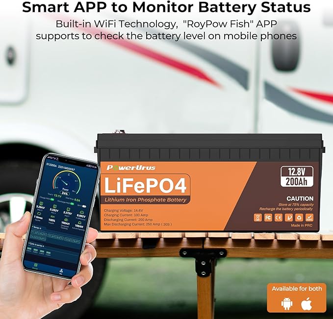 12V 200Ah LiFePO4 Lithium Battery, 4000-8000 Deep Cycle LiFePO4 Battery with Smart APP, Built-in 200A BMS, Wireless Real-Time Battery Monitor Function for RV, Marine, Off Grid Applications