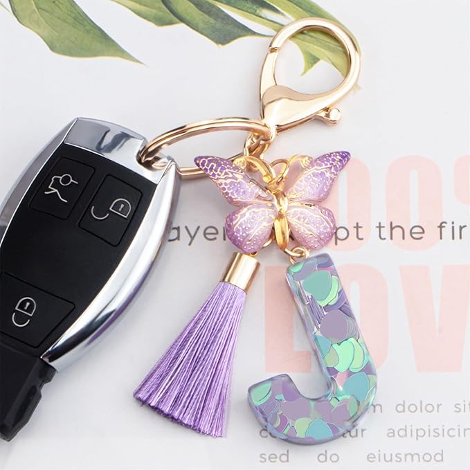 Suweibuke Colourful Cute Initial Letter Keychains for Women Girls with Tassel Butterfly, Charm for Purse Handbags Backpacks
