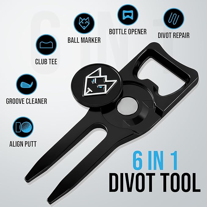 Wolf Golf Towels Divot Repair Tool | 6-in-1 Premium Divot Tool with Ball Marker | Golf Gifts for Men & Women | Golf Accessories for Men & Women