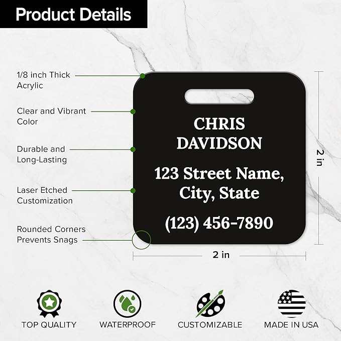Custom Luggage Tags, Personalized Name Address for Suitcases,Backpack, Handbag, Travel Equipment Tag, 2x2 Inches, Acrylic Heavy Duty Waterproof, Made in The USA by My Sign Center- Black