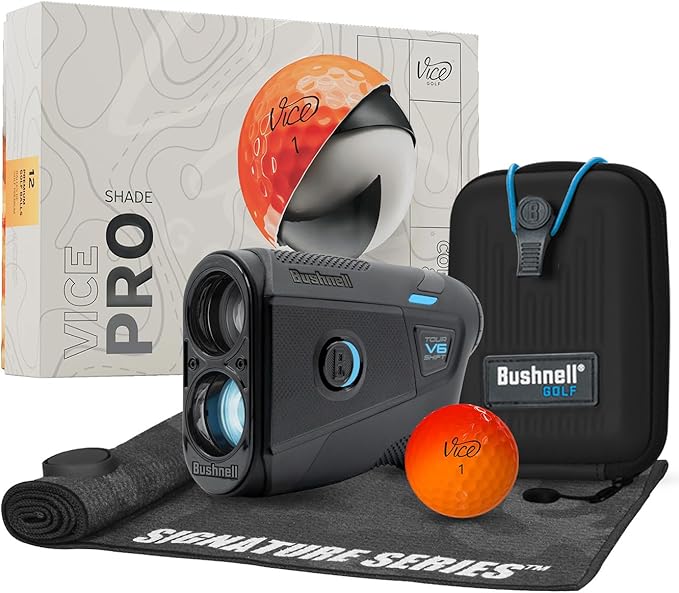 Bushnell Golf Tour V6 Shift Laser Rangefinder with Vice Balls | Slope Compensation, PinSeeker, Magnetic Mount, 1300 YD Range, 6X Magnification | Signature Series Golf Towel