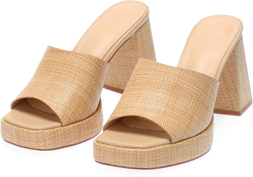 Monrovia Womens Sandals Heels for Women Slide On Block Chunky Platform High Heels Open Toe Raffia Wedge Sandals