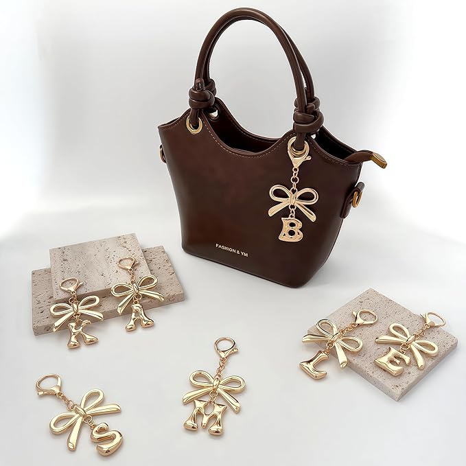 Gold Bubble Heart, Cherry, Bow & More Designs Letter Initial Keychain Bag Charms – Cute Purse Charms for Handbags