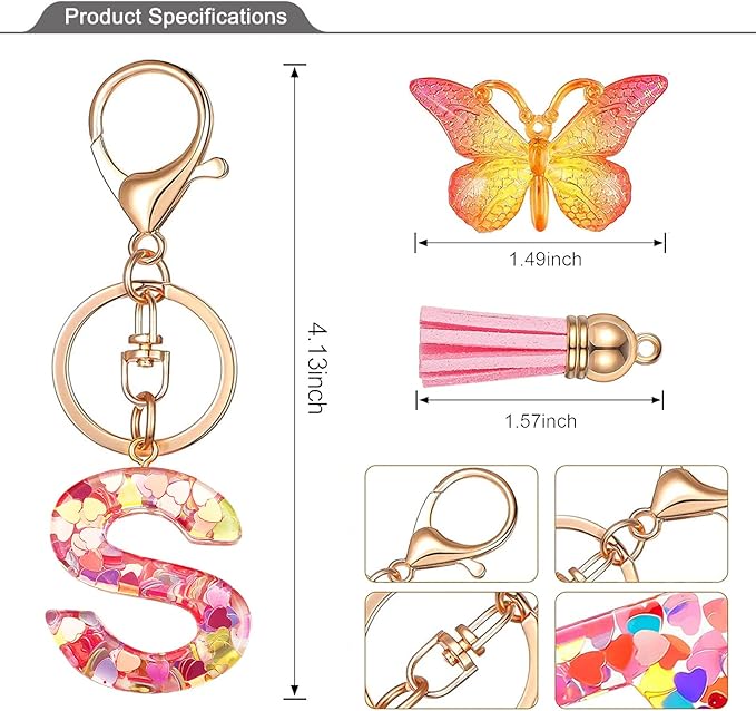 JINGUAZI Initial letter Keychains for Women Tassel Butterfly Pink Purple Cute Car Keychain for Wallet Backpack bag charm