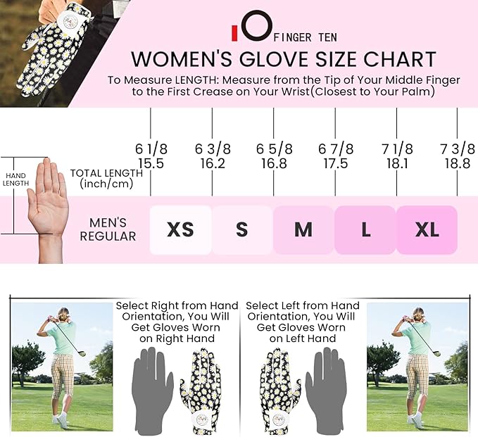 FINGER TEN Stylish Golf Gloves Women with Ball Marker 1 Pack for Left or Right Hand, Breathable Glove with Fashion Patterns for Ladies Right Left Handed Golfer