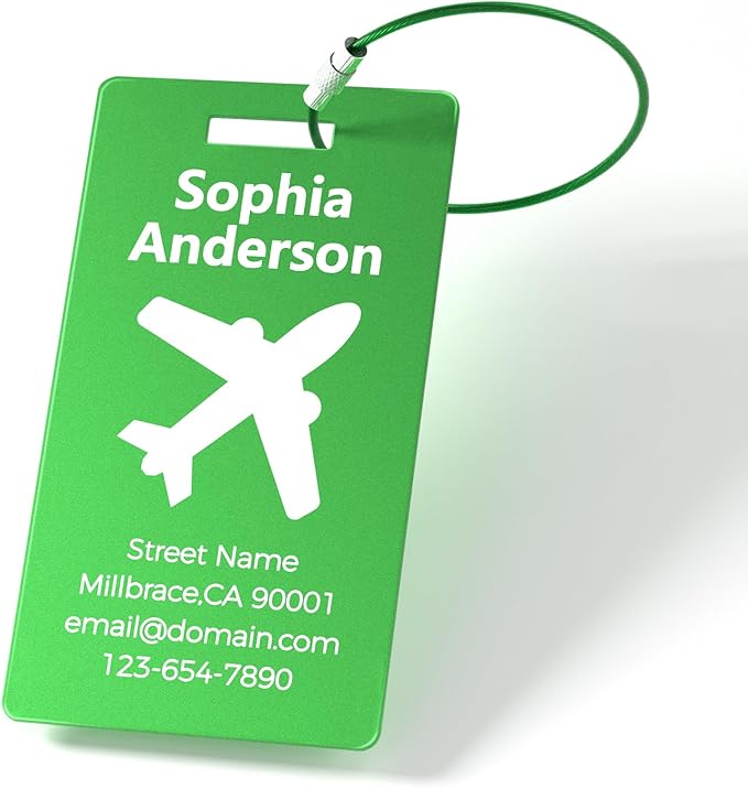 4 Pack Personalized Luggage Tags, Custom Engraved Aluminum Luggage Tags with Your Personalized Text, Waterproof Metal Name Tags with Steel Loop for Bags, Suitcase, Baggage, Backpack (Green, Large)