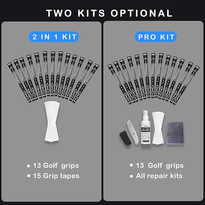 KNLY Golf Grips Set of 13 - High Traction and High Feedback Rubber Golf Club Grips with Anti-Slip and All Weather Performance，13 Grips with 15 Tapes and 13 Grips with All Repair Kits for Choice.