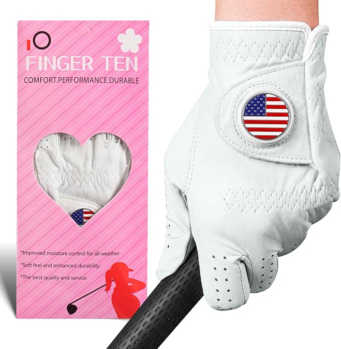 FINGER TEN Golf Gloves Women All Premium Cabretta Leather 1 Pack, Soft Comfortable & Breathable Grip Glove with Ball Marker Left Hand for Right Handed Golfer