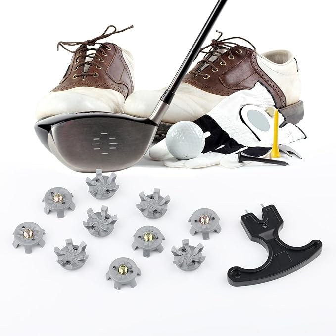 51PCS Golf Shoe Spikes Set, 50 Golf Shoe Cleats with 1 Black Spanner, 6 mm Metal Thread Screw, for Use on Lawns or Course(Grey)