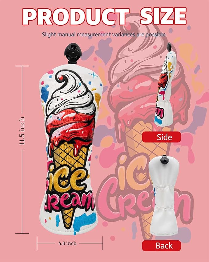 Golf Club Head Covers, Ice Cream Golf Headcovers for Drivers, Fairway Woods, Hybrids, Mallet Blade Putter Cover, Funny Golf Club Covers with Premium PU Leather and Advanced Embroidery for Most Brands