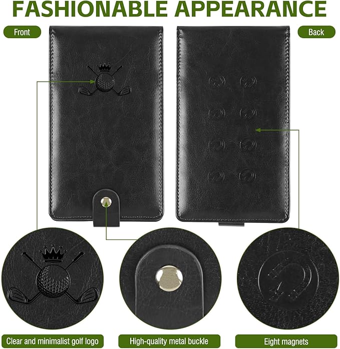 Archerest Magnetic Golf Scorecard Holder, 7.48" x 4.33" Premium Leather Yardage Book Cover Golf with A Pencil and Five Double Sided Printed Scorecards, Golf Accessories and Scorecard Book