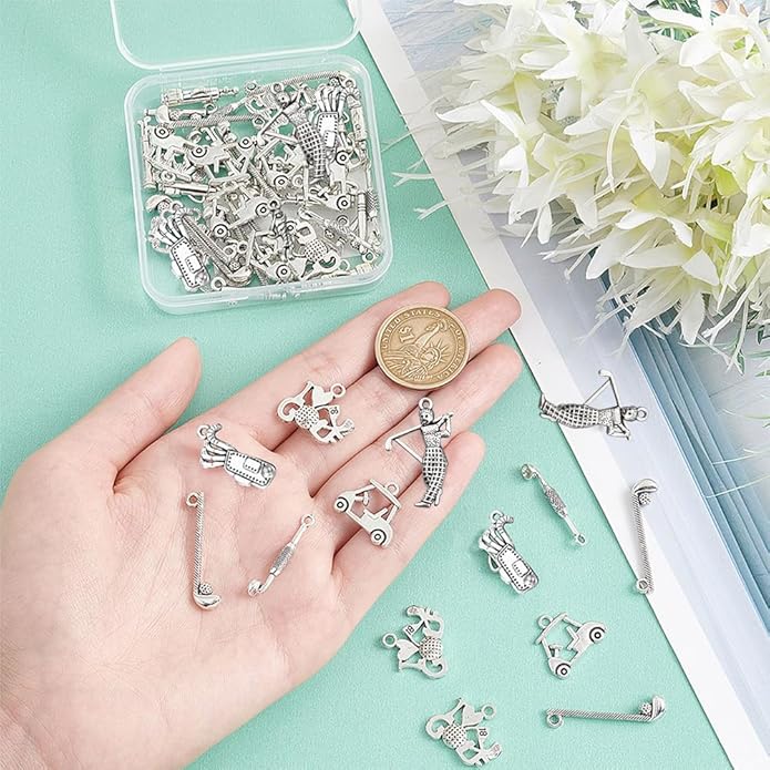 SUNNYCLUE 1 Box 60Pcs Golf Charms Golf Charm Bulk Sport Club Cart Sports Pendants for Jewelry Making I Love Golfer Earrings Necklace Bracelet Keychain DIY Supplies Adult