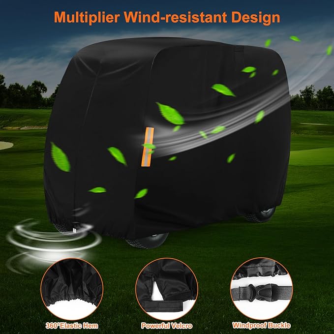 Golf Cart Cover 2 Passenger, 420D Heavy Duty Golf Cart Rain Cover with Waterproof Zipper and Reflective Strips, Universal Fits for 2 Seat Yamaha EZGO Honda Club Car
