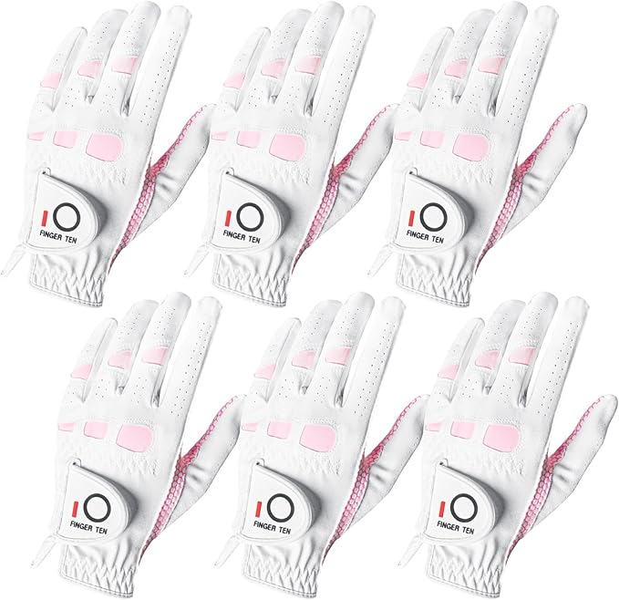 FINGER TEN Women’s Golf Gloves Ladies Left Hand Right Handed Golfer Value 6 Pack, All Weather Rain Grip Glove Pink Fit Small Medium Large XL