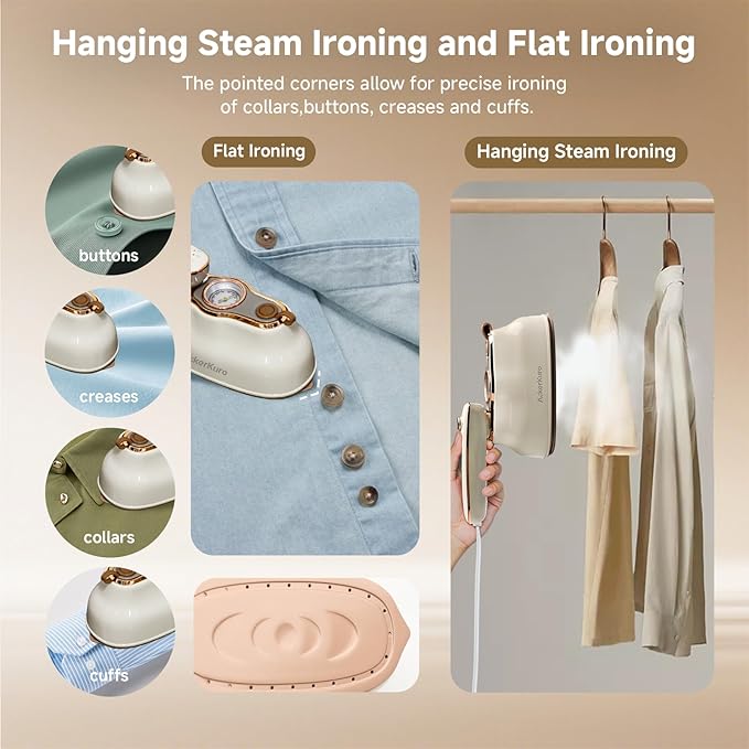 Steamer For Clothes, Steamer ＆ Iron 2 In 1,Portable Handheld travel Steam,1200W 15s Heat Up for Travel Size,Wrinkle Remover,200ml Tank,3 Modes for dress shirts for home travel,Beige, 120V