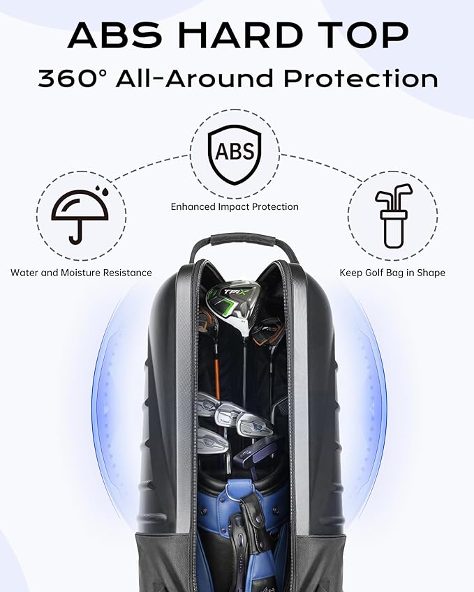 Golf Travel Bag with Hard Shell ABS Top - 1680D Heavy Duty Oxford Foldable Golf Club Travel Cover Case for Airlines with Wheels, Lockable Zippers & Reinforced Base