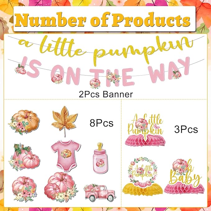 Pumpkin Baby Shower Decorations - 13PCS a Little Pumpkin Is on the Way Baby Shower Banners Hanging Swirls Honeycomb Centerpieces Pink Fall Gender Reveal Party Decorations Decor Supplies