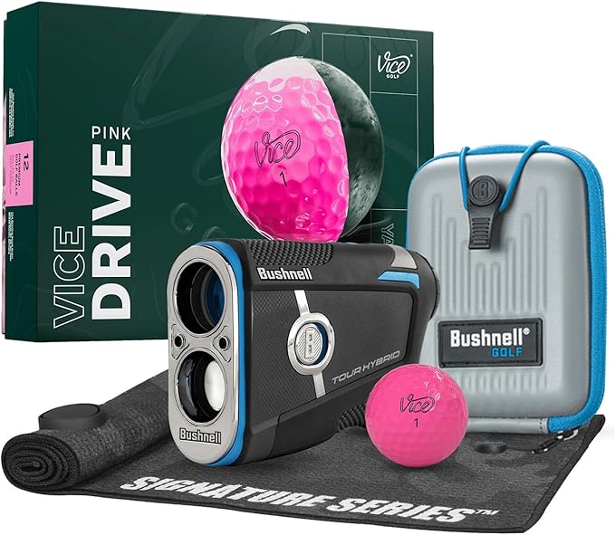 Bushnell Golf Tour Hybrid GPS Laser Rangefinder with Vice Balls | Slope Compensation, Magnetic Mount, Front/Middle/Back Distance, 1300 YD Range, PinSeeker | Signature Series Golf Towel