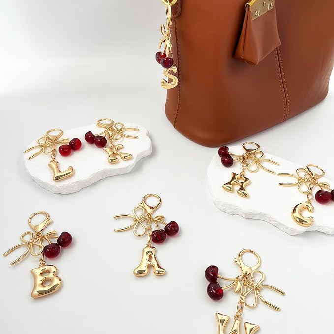 Gold Bubble Heart, Cherry, Bow & More Designs Letter Initial Keychain Bag Charms – Cute Purse Charms for Handbags