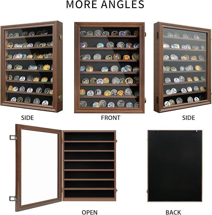 7 Rows Challenge Coin Display Case with HD Tempered Glass - Wall Mountable, Holds 100 Coins, Medal Display Cabinet Military Shadow Box with Removable 2-Groove Shelves, Poker Chips Holder, Rust Brown