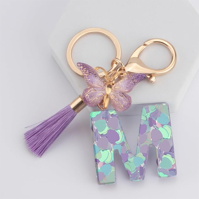 Suweibuke Colourful Cute Initial Letter Keychains for Women Girls with Tassel Butterfly, Charm for Purse Handbags Backpacks