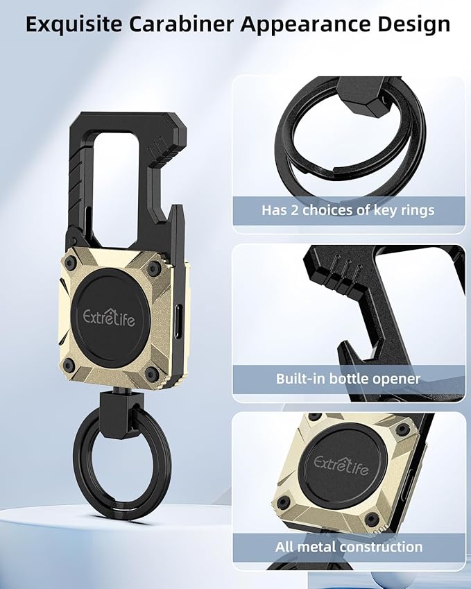 Keychain, Works with Apple Find My, Heavy Duty Key Chain Bottle Opener, Carabiner Car Key Chains with GPS Tracker, Key Finder, Bluetooth Tracker for Luggage, Kids, Bags, Rechargeable, Champagne Gold