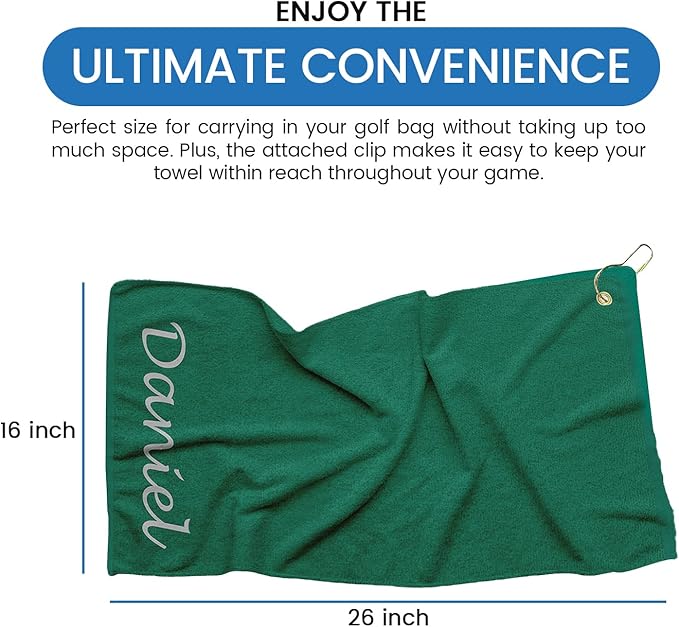 Personalized Passion Golf Towel with Embroidered Name - 16"x26" Custom Golf Towels with Clip - Soft & Highly Absorbent Plush Velour - Easily Wipes Away Sweat and Dirt - Gift for Golfers - Green