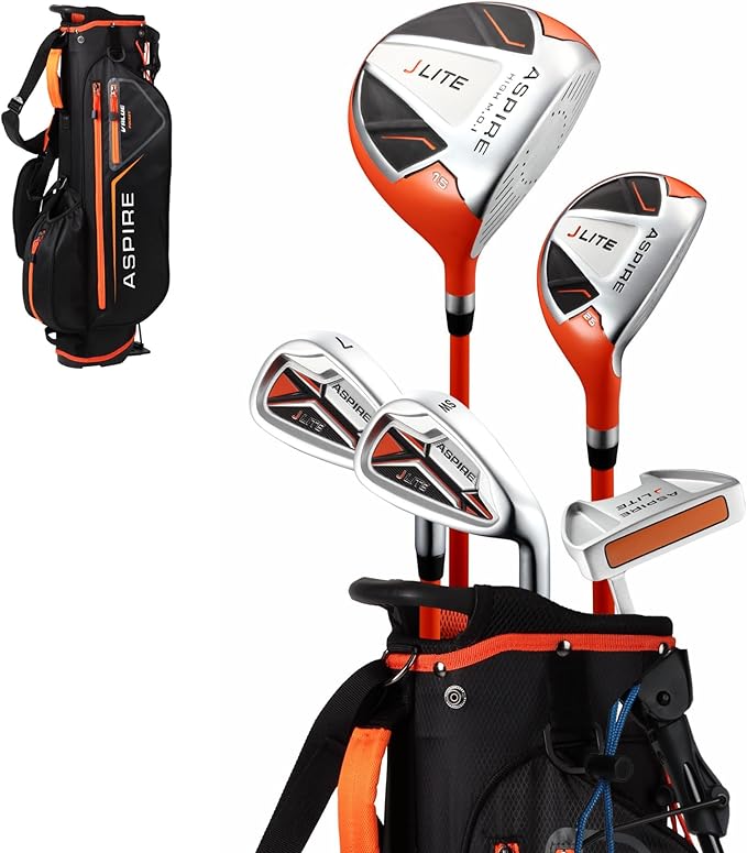 Aspire X-Lite Super Performance Junior Golf Club Set - Right-Handed Kids Golf Set with Driver, Hybrid, 7 Iron, Putter, Stand Bag & Headcovers