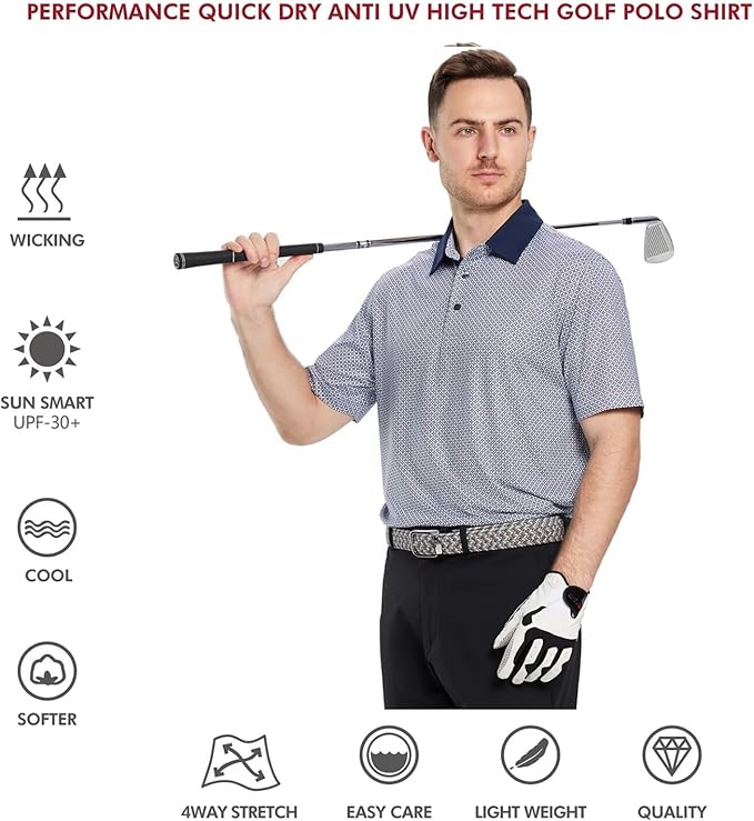 Golf Shirts for Men Dry Fit Short Sleeve Print Performance Moisture Wicking Polo Shirt
