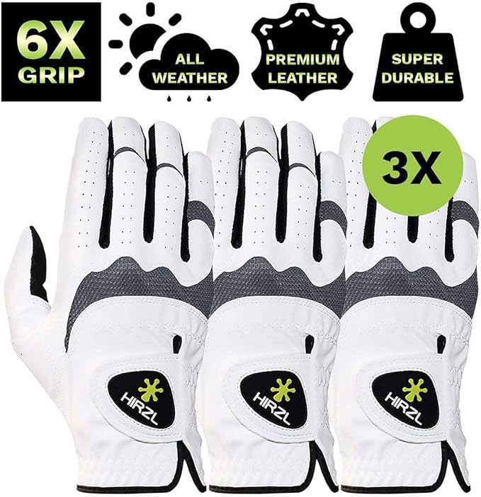HIRZL Trust Hybrid – Men’s All Weather Golf Glove | Kangaroo Leather | Ultimate Grip and Ergonomic Fit, White/Black (Pack of 3)