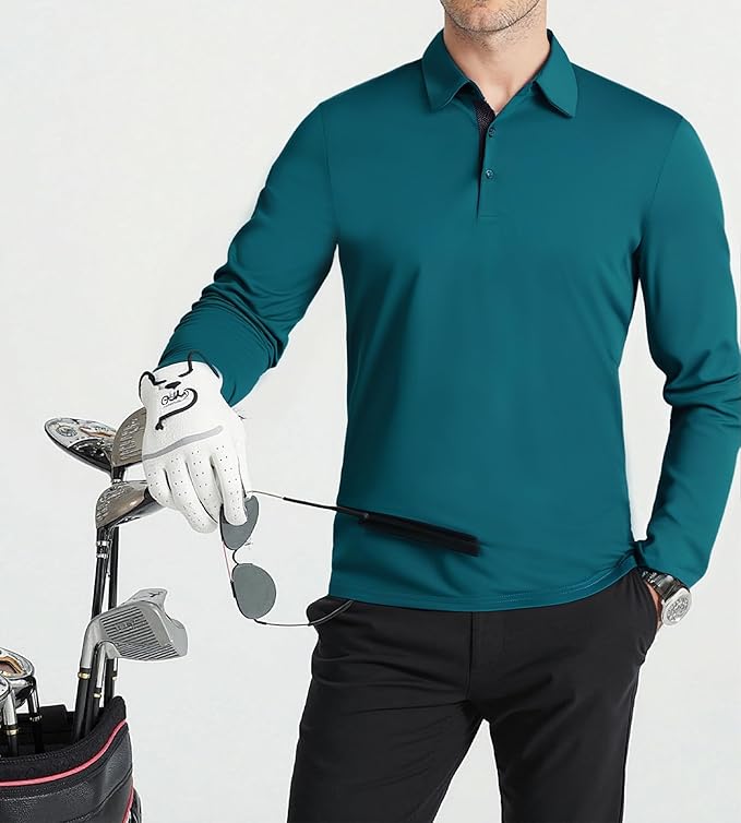 Alex Vando Mens Golf Shirt Moisture Wicking Quick-Dry Solid Long Sleeve Polo Shirts for Men